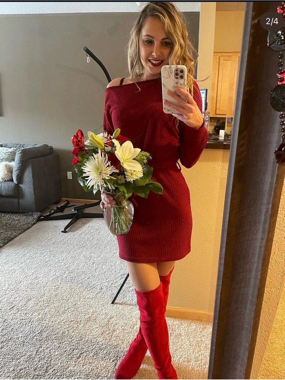 SHEIN Red Off-Shoulder Mini Sweater Dress